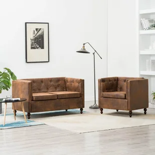 vidaXL Zestaw mebli Chesterfield, 2 cz., materiał zamszopodobny, brąz - Komplety wypoczynkowe - miniaturka - grafika 1