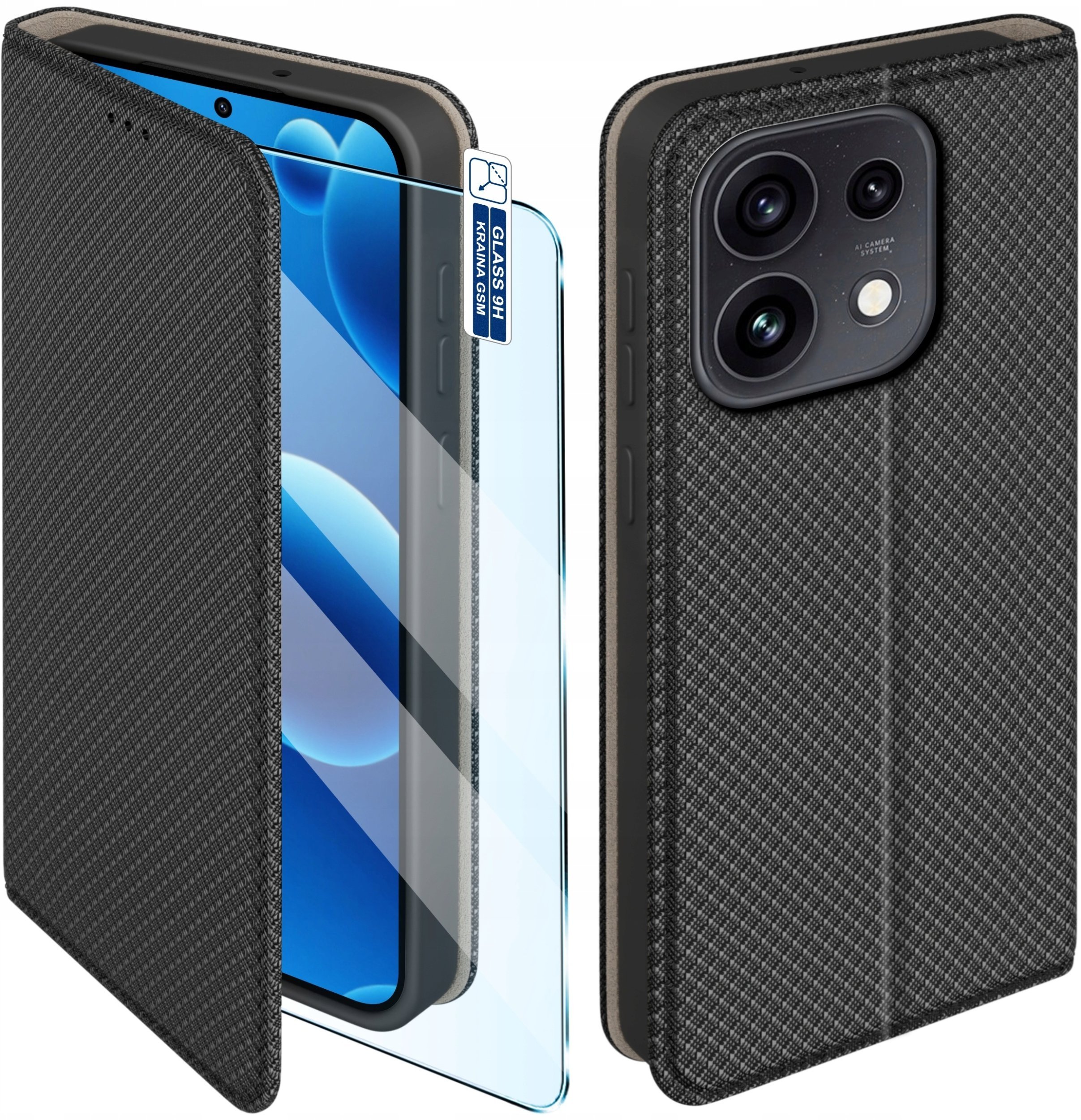krainaGSM Etui Z Klapką Do Oppo Reno 16 Pro 5G Zamykane Czarne Futerał + Szkło 9H