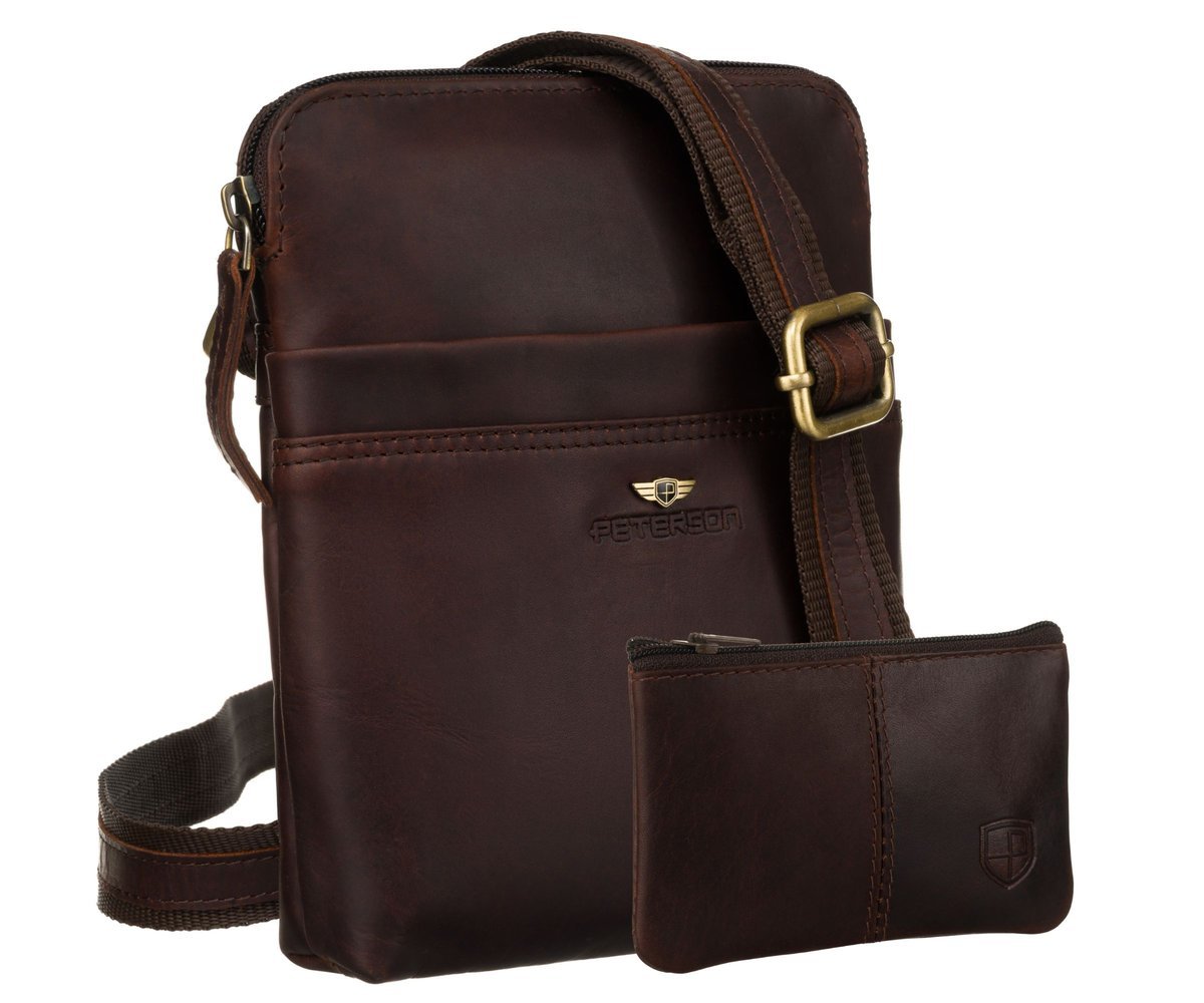 Torebka męska saszetka skórzana PETERSON mała miejska listonoszka na ramię kieszonki na suwak brązowa na co dzień modna + etui na klucze
