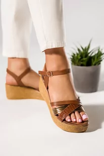 Brązowe sandały na koturnie damskie paski na krzyż Casu ER24X20-BR-38 - Espadryle damskie - miniaturka - grafika 1