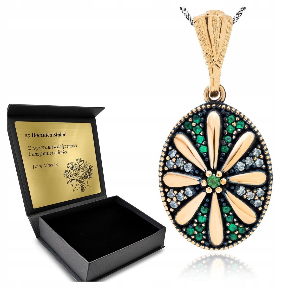 Naszyjnik Srebrny 925 Cyrkonie Biżuteria Dla Kobiety Piękny Kwiat + Grawer