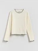 Bluzki dla dziewczynek - Reserved - Prążkowana koszulka - złamana biel - miniaturka - grafika 1