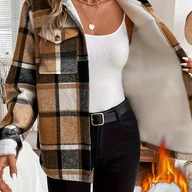 Koszule damskie - TEMU Kurtka z Kapturem w Kratę dla Kobiet z Podszewką Polarową - Szaro-Biała, Z Guzikami i Długimi Rękawami, Żebrowane Mankiety, Idealna na Jesień i - miniaturka - grafika 1