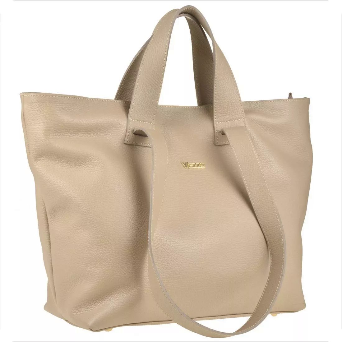VEZZE Torba skórzana shopper bag beżowa złote okucia na ramię i do ręki