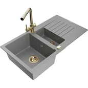 Zlewozmywaki z baterią - Mexen Matias zlewozmywak granitowy 1,5-komorowy z ociekaczem i baterią kuchenną Duero, szary - miniaturka - grafika 1