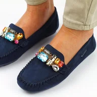 Mokasyny damskie - Granatowe zamszowe mokasyny damskie z kryształami Vinceza 2221 - miniaturka - grafika 1