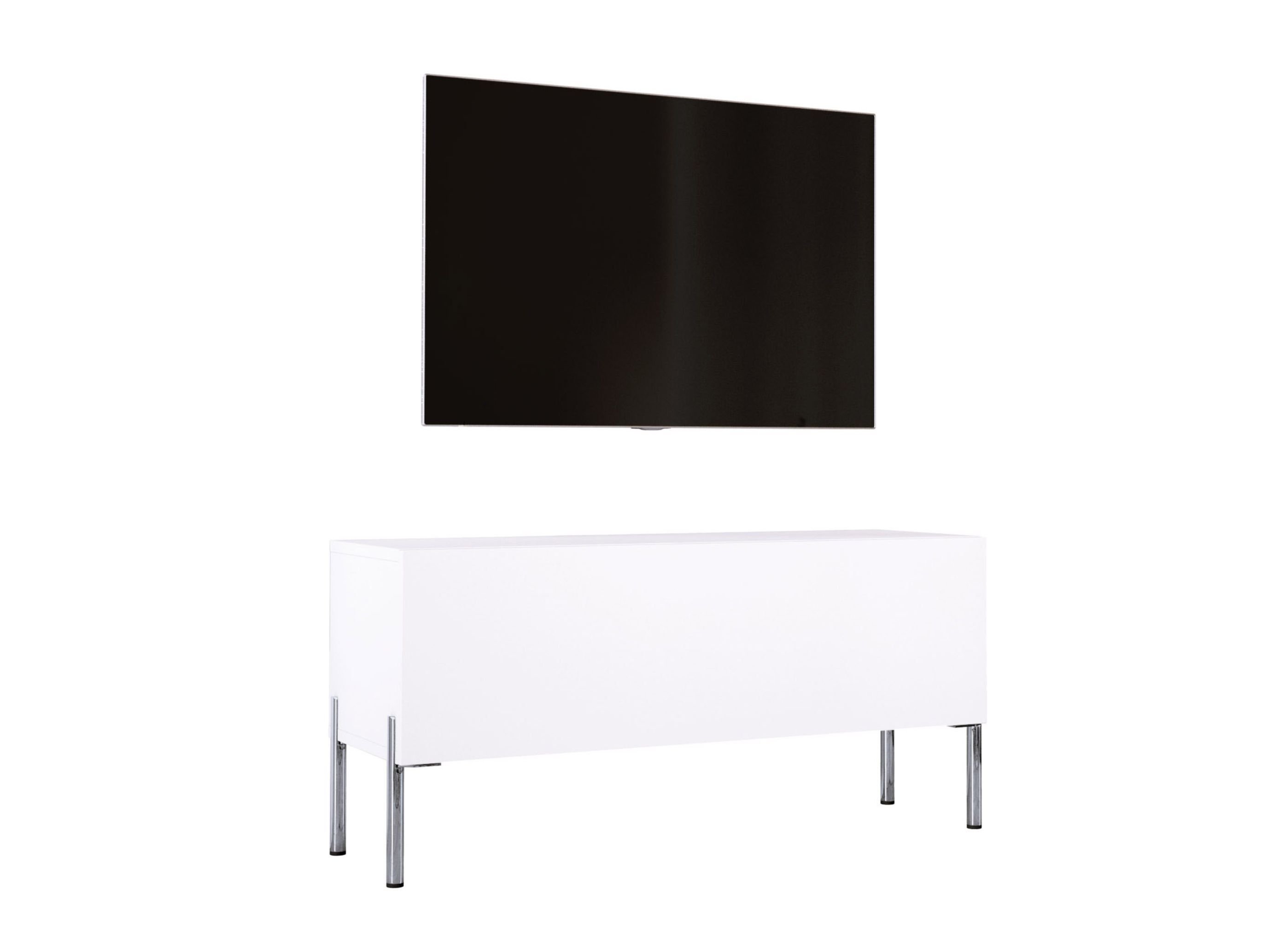 Szafka pod telewizor w kolorze białym matowym z chromowanymi nogami, A: szer: 100 cm cm, wys: 52 cm, gł: 32 cm. Meble pod telewizor, stolik pod telewizor, ława pod telewizor