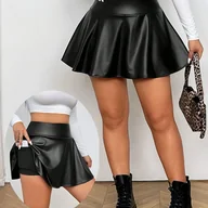 Spódnice - TEMU Damska Modowa Mini Spódniczka, Materiał PU, Jednokolorowa Sztuczna Mini Spódniczka z Szortami i Kieszenią na Telefon, Na Ceremonię Ukończenia - miniaturka - grafika 1