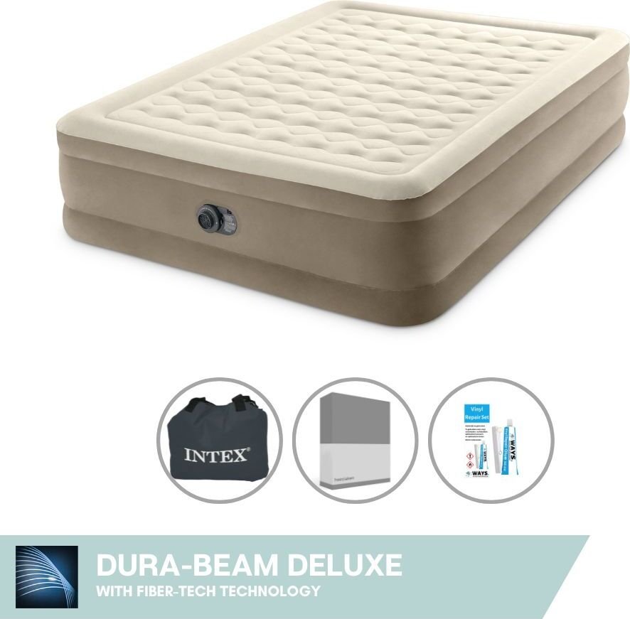 Dmuchane łóżko Intex - 2 osoby - 152 x 203 x 46 cm - beżowe - z wbudowaną pompką + prześcieradło antracytowe + zestaw naprawczy