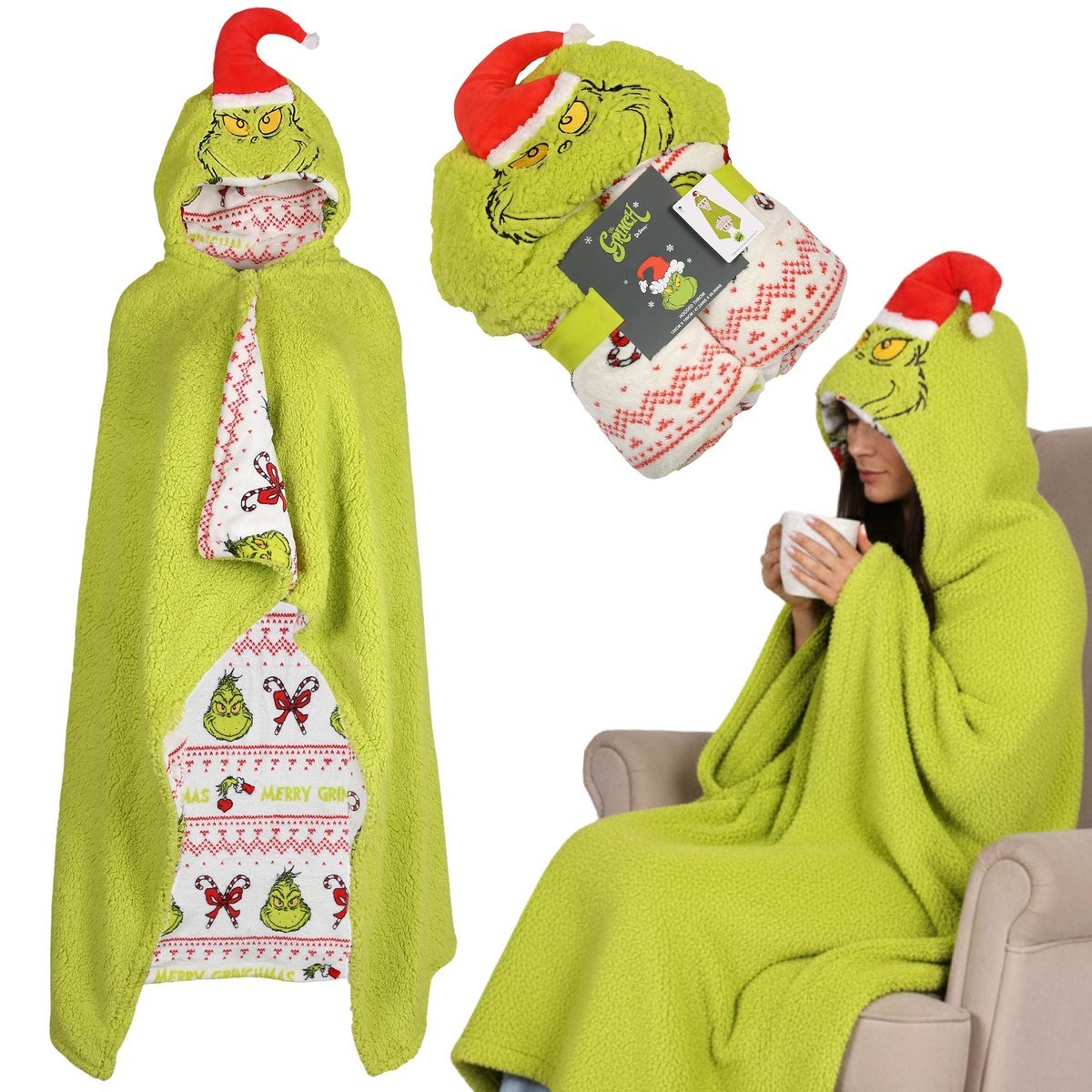 Grinch ŚWIĄTECZNA CIEPŁA narzutka, GRUBY koc z kapturem, KOCOBLUZA SHERPA 120x150cm OEKO-TEX