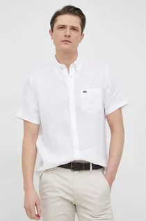Koszule męskie - Lacoste koszula lniana kolor biały regular z kołnierzykiem button-down - grafika 1
