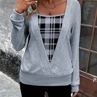 Bluzki damskie - TEMU Damska elegancka koszulka długim rękawem z wzorem w kratkę i kontrastowym detalem kieszeni - swobodny, szary z czarno-białym wzorem w kratkę, - miniaturka - grafika 1