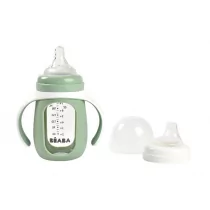 Beaba Szklana butelka treningowa w silikonowej osłonce 2w1 Sage green 210 ml - Butelki dla niemowląt - miniaturka - grafika 1