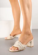 Klapki i japonki damskie - Beżowe Klapki na Obcasie z Geometryczną Cholewką Ellinea - miniaturka - grafika 1