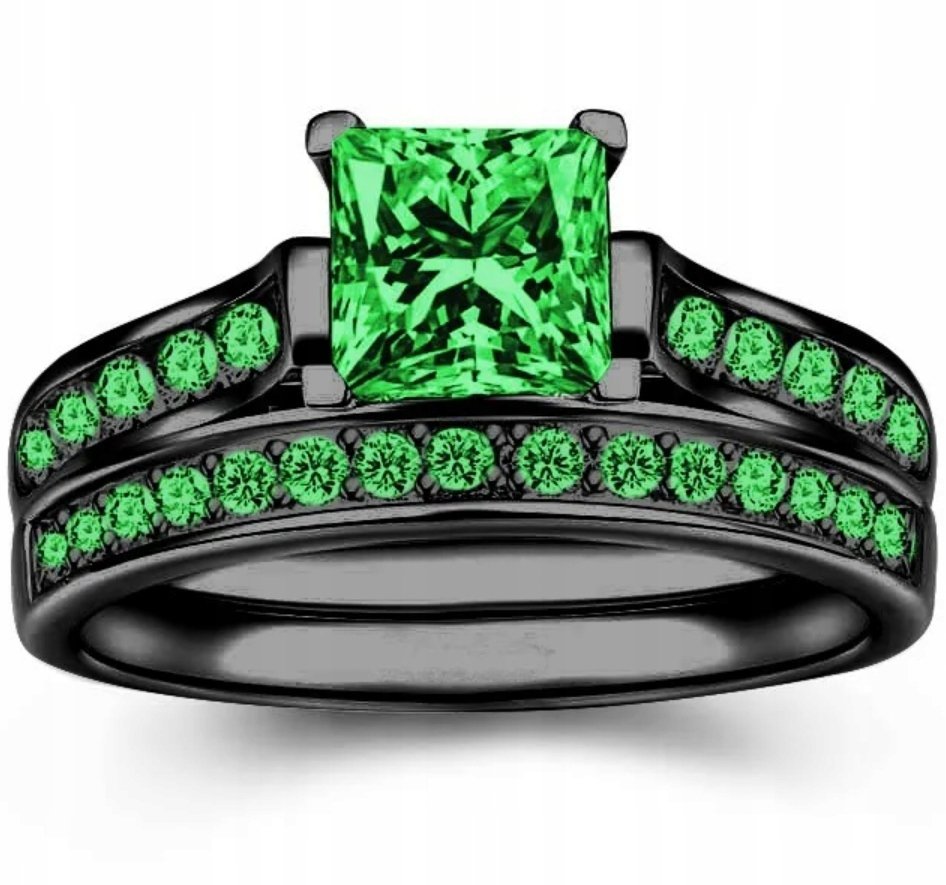 Pierścionek ze Szmaragdami Poduszka Cubic Czarny Podwójny Stal Chirurgiczna