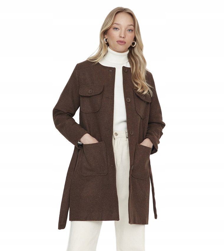 TRENDYOL PŁASZCZ KLASYCZNY BRĄZOWY Z PASKIEM I KIESZENIAMI 38 JPA