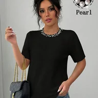 Bluzki damskie - TEMU Damski T-Shirt z Krótkim Rękawem i Perłowym Akcentem – Jednokolorowa Bluzka z Okrągłym Dekoltem na Wiosnę i , Casual i Eleganckie Stylizacje – - miniaturka - grafika 1