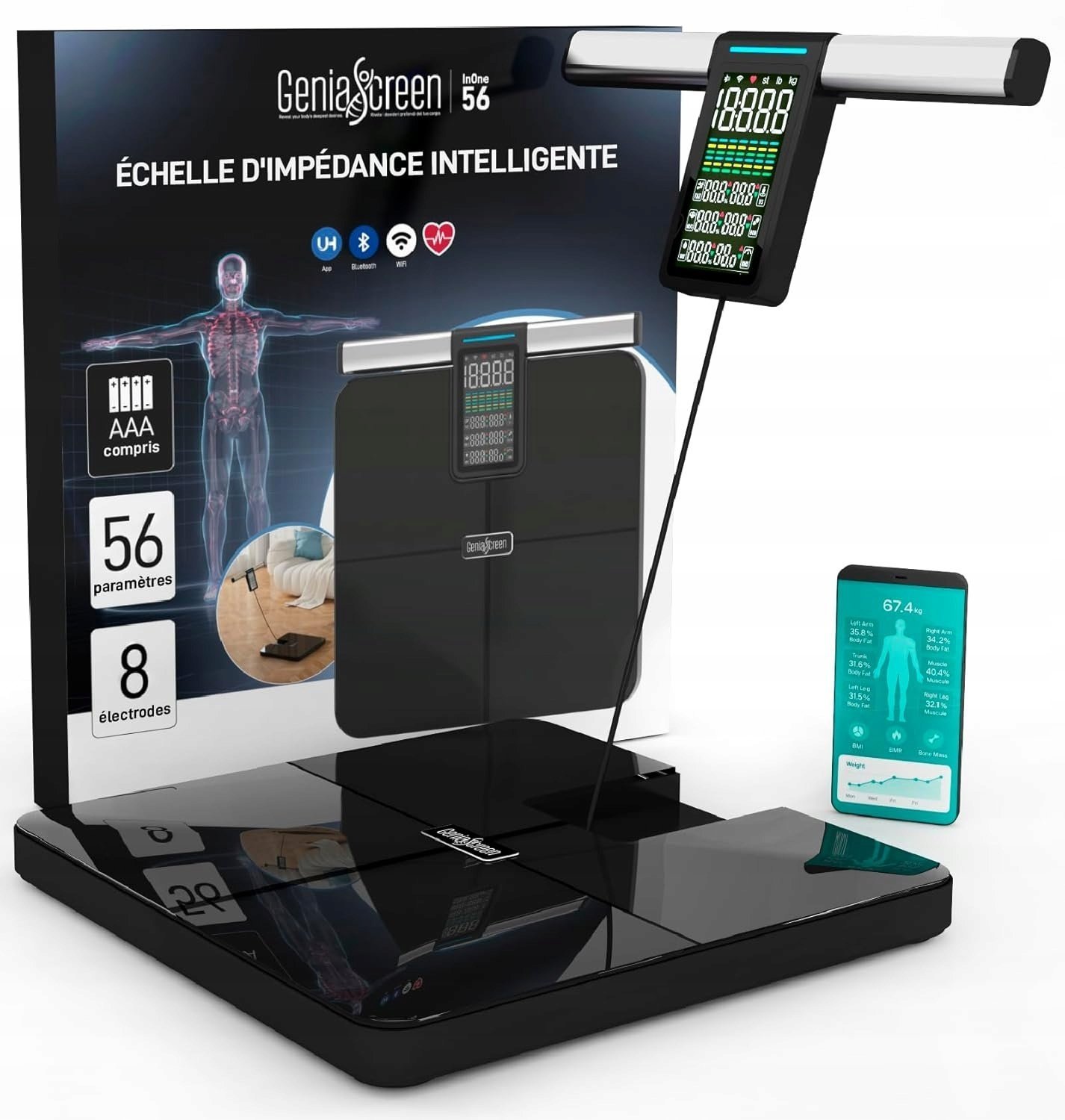 GeniaScreen Elektroniczna waga łazienkowa max220kg 56 pomiarów ciała Wi-Fi