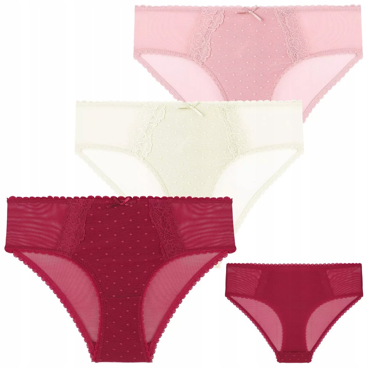 3X Majtki Damskie Bikini Figi Koronkowe Gładkie Kolorowe Subtelne Moraj M