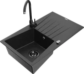 Zlewozmywaki z baterią - Mexen Cesar zlewozmywak granitowy 1-komorowy z ociekaczem i baterią kuchenną Telma, czarny/srebrny - 6514-73-670200-70-B - miniaturka - grafika 1