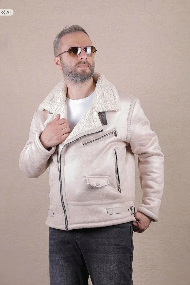 KREMOWA KURTKA MĘSKA ZAMSZOWA Z KOŁNIERZEM OVERSIZE M 5IA