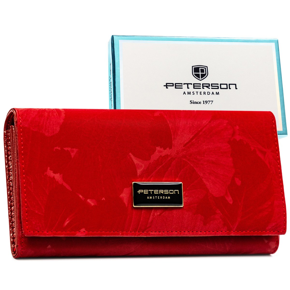 Portfel damski skórzany PETERSON rfid stop skóra naturalna i ekologiczna duży rozbudowany na zatrzask czerwony elegancki na prezent pudełko producen..
