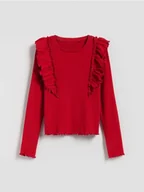 Bluzki dla dziewczynek - Reserved - Prążkowana bluzka z falbanką - czerwony - miniaturka - grafika 1