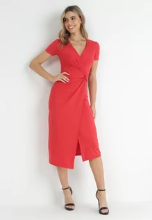 Sukienki - Czerwona Sukienka Midi z Kopertowym Dekoltem i Węzłem z Przodu Lephine - grafika 1