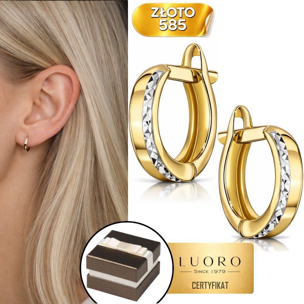 KOLCZYKI ZŁOTE 585 14K KÓŁKA Z DIAMENTOWANYM PASKIEM BIAŁE ZŁOTO 12 MM