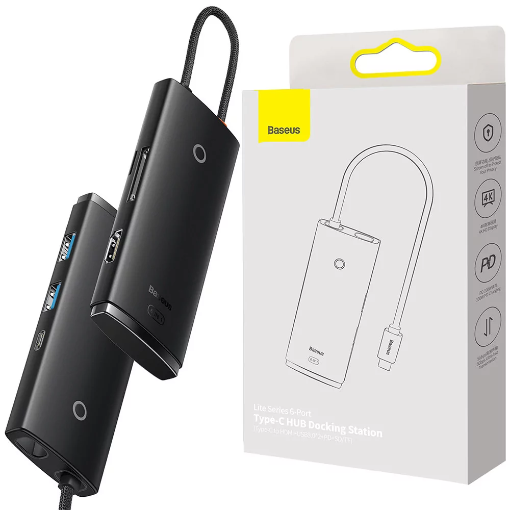 Baseus Lite Series wielofunkcyjny HUB USB Typ C - 2 x USB 3.0 / USB Typ C PD / HDMI 1,4 / SD/TF czarny (WKQX050101)