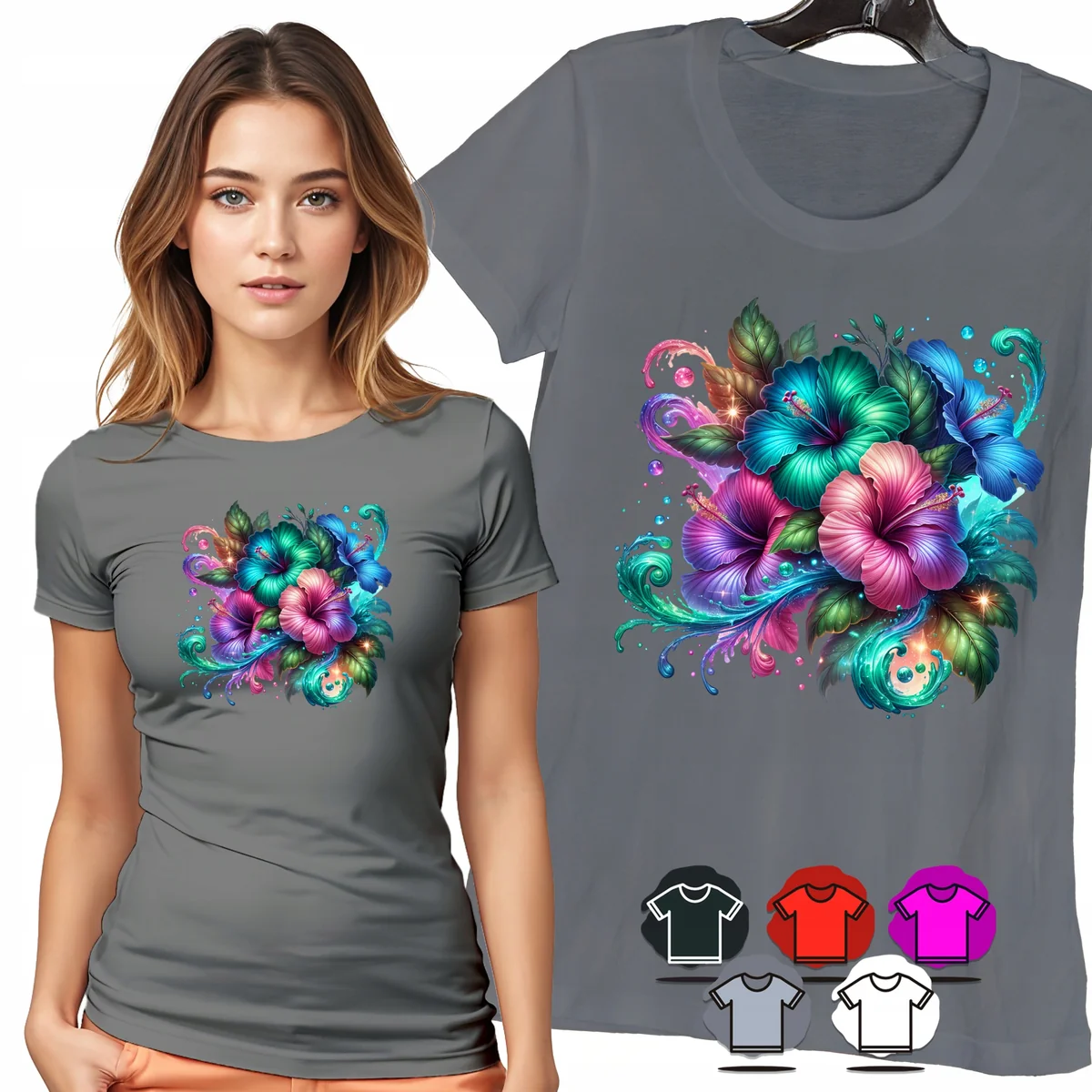 KOSZULKA DAMSKA T-SHIRT - KWIATY EGZOTYCZNE TURKUS RÓŻ DAMSKI WZÓR - L