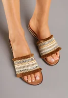 Klapki i japonki damskie - Brązowo-Beżowe Klapki Ozdobione Plecioną Cholewką Cyrkoniami i Frędzlami Harisse - miniaturka - grafika 1