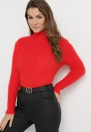 Swetry damskie - Czerwony Puchaty Golf z Wełną i Długim Rękawem Bullame - miniaturka - grafika 1