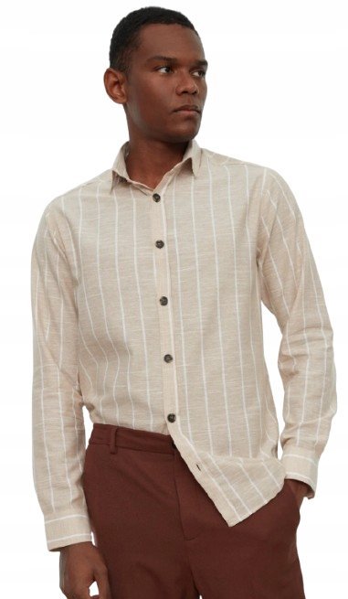 TRENDYOL BEŻOWA KOSZULA MĘSKA CASUAL W PASKI Z DŁUGIM RĘKAWEM XL 5_A