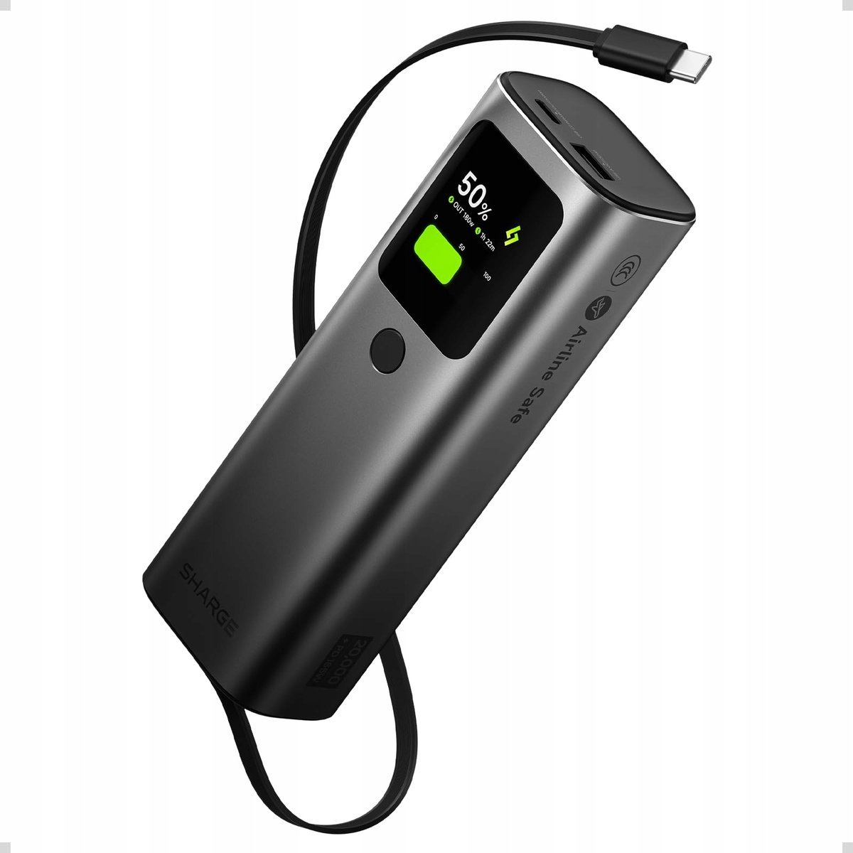 SHARGE Retractable 165 – Power Bank 20000 mAh z wbudowanym kablem USB