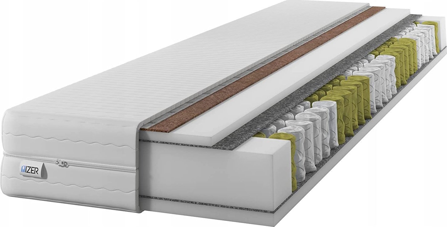 Materac sprężynowy GoldPLUS 100x200 z KOKOSEM Dwustronny H3 i H4| 7 stref Rdzeń ze sprężyn kieszeniowych Pokrowiec pikowany