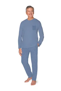 PIŻAMA MĘSKA M DŁUGI RĘKAW SPODNIE TATY DZIADKA NIEBIESKA BAWEŁNIANA - Piżamy damskie - miniaturka - grafika 1