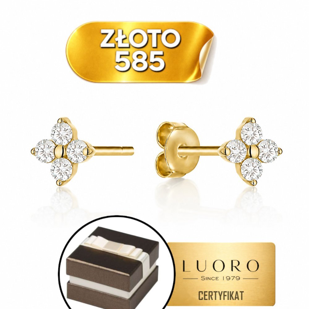 KOLCZYKI ZŁOTE 585 14K KWIATEK Z BIAŁYMI CYRKONIAMI SZTYFT DELIKATNY 6 CM
