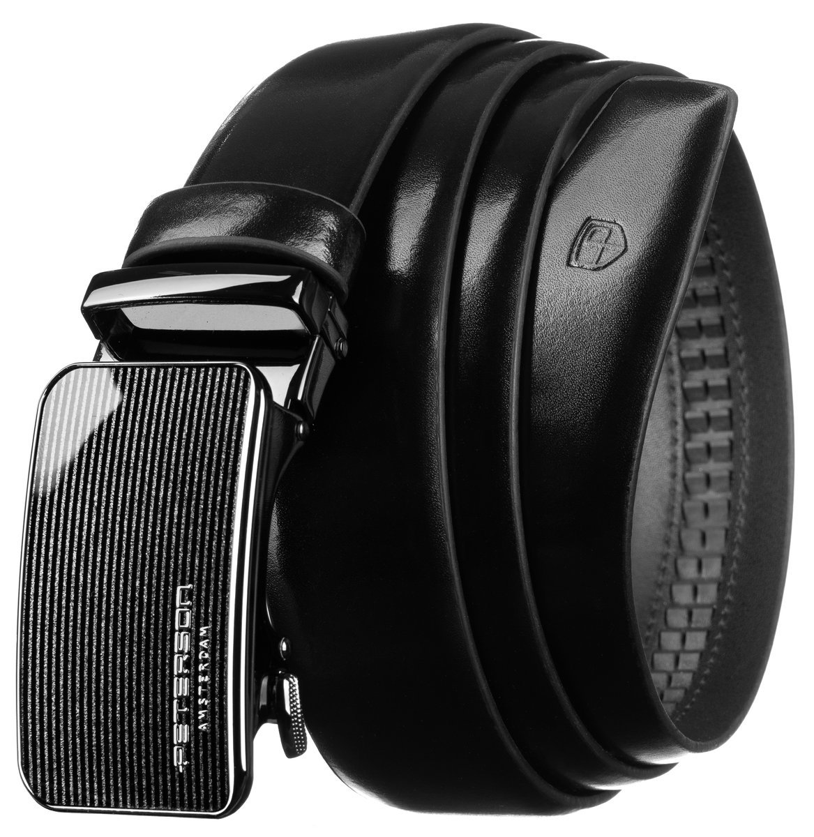 Skórzany pasek męski do spodni 125 automatyczny PETERSON czarny elegancki do garnituru casualowy