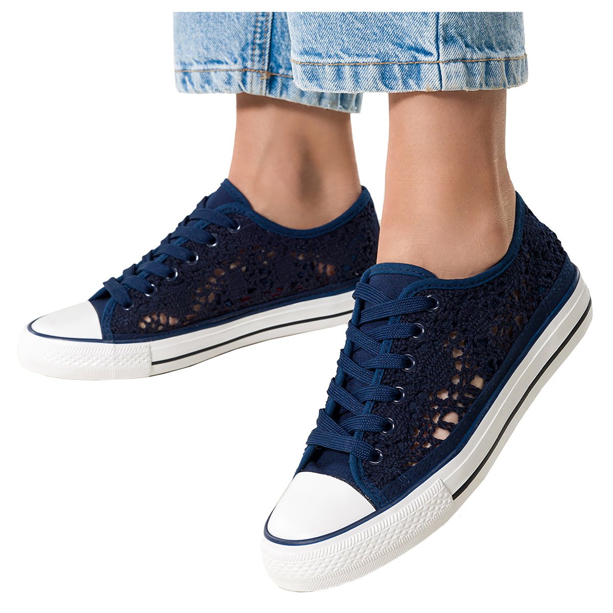 Granatowe trampki damskie koronkowe buty sportowe ażurowe sznurowane Casu EV-97-37