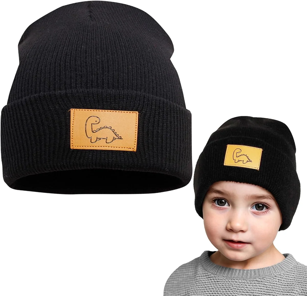 Czarna czapka zimowa dla chłopca z dinozaurem, beanie 50-54 cm