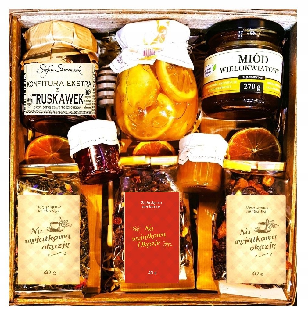 Kosz Zestaw Prezentowy Upominek Herbata Miód Malina Przysmaki