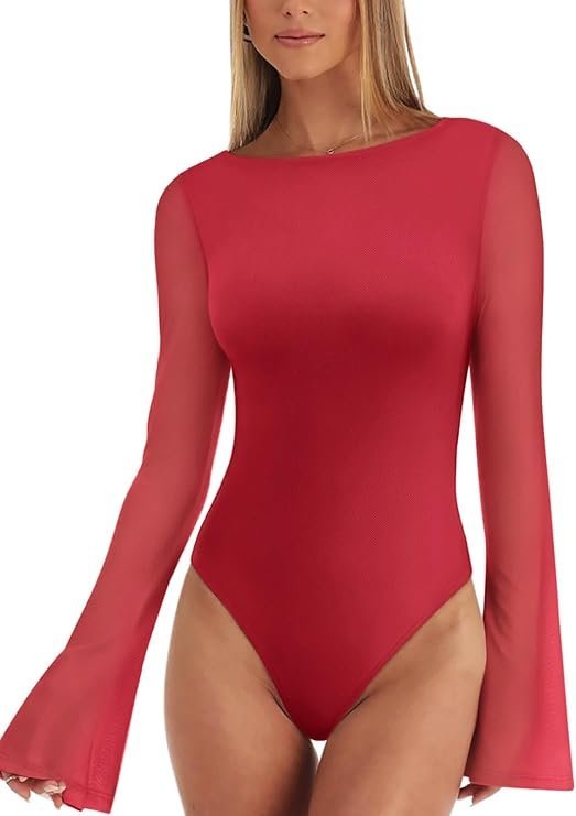 REORIA Damskie Body Wyjściowe Dzwonkowy Rękaw Elegancki Vintage Czerwone L