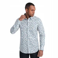 Koszule męskie - Koszula męska SLIM FIT w print gałązek niebiesko-szara V2 OM-SHPS-0163 L - miniaturka - grafika 1