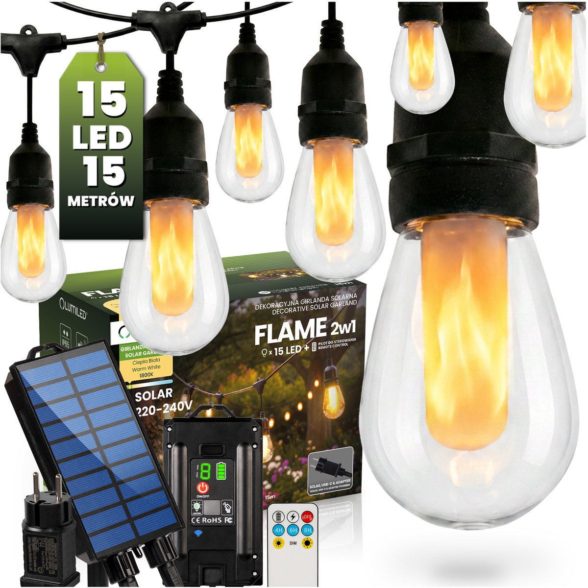 Lumiled Girlanda Solarna Ogrodowa 15x LED Płomień Ozdobne Lampki 15m 1800K Ciepła FLAME