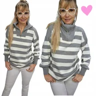 Swetry damskie - SWETER DAMSKI W PASKI GOLF dłuższy rozpinany ciepły szary 40 42 L XL - miniaturka - grafika 1