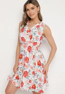 Sukienki - Czerwona Kwiatowa Sukienka z Bawełną i Kopertowy Dekoltem Lumolisse - miniaturka - grafika 1