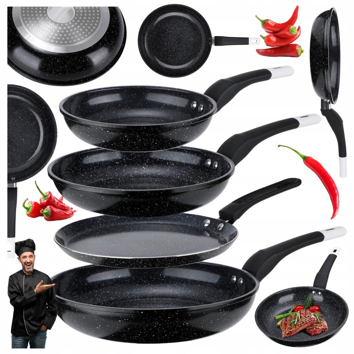 ZESTAW PATELNI 20/24/28cm + PATELNIA DO NALEŚNIKÓW 24cm POWŁOKA MARMURKOWA