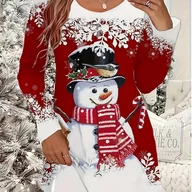 Sukienki - TEMU Damska Świąteczna Sukienka z Długim Rękawem na Boże Narodzenie - Wygodny Dekolt Okrągły, Kolorowy Blok z Bałwanem i Czapką Świętego Mikołaja, Do - miniaturka - grafika 1