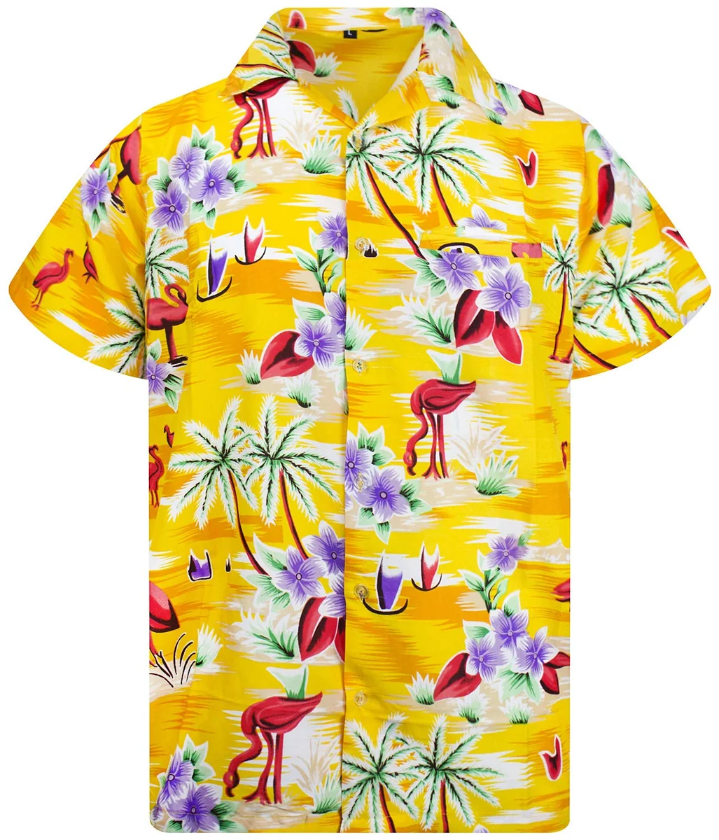 King Kameha Funky Hawaii koszula męska - przewiewna koszula hawajska męska z krótkim rękawem z kieszenią na piersi i tropikalnym nadrukiem flaminga,..